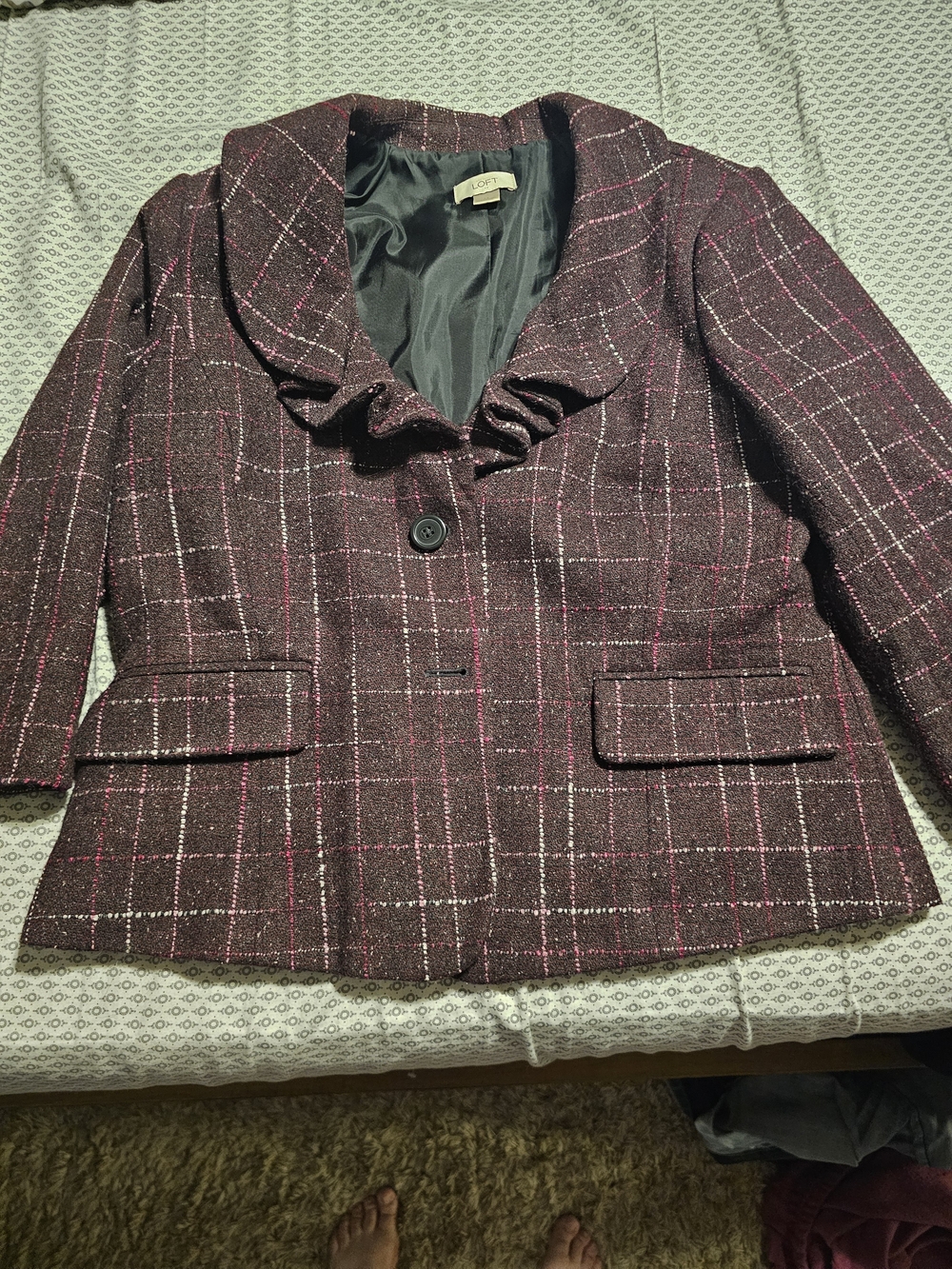LOFT Burgundy Plaid Ruffle Collar Blazer